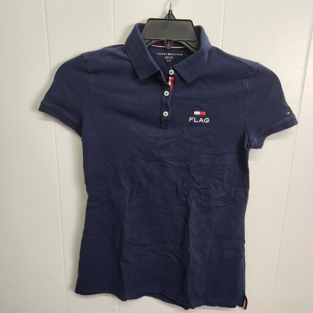 Tommy Hilfiger Polo Shirt Womens Small Navy Blue Flag Logo Embroidered Stretch